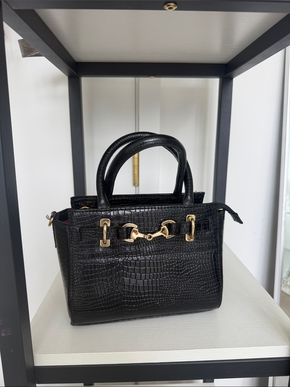 Black Croc-Embossed Top-Handle Bag with Gold Hardware